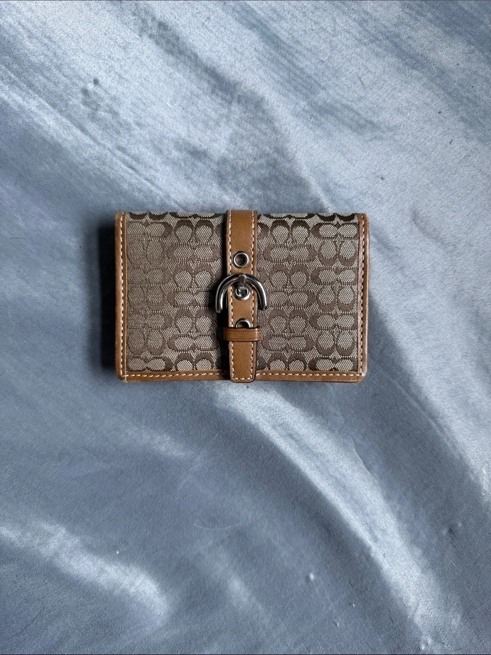 Coach Brown Signature Canvas Card Holder with Buckle Strap